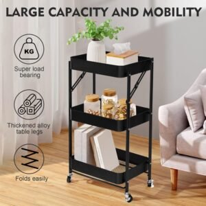 3 Tier trolley organizer,Foldable Metal Rolling Utility Cart Organizer
