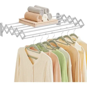 Customized Clothing Organizer Laundry Rack Wall-Mounted Expandable Steel Clothes Drying Rack with 9 Rods